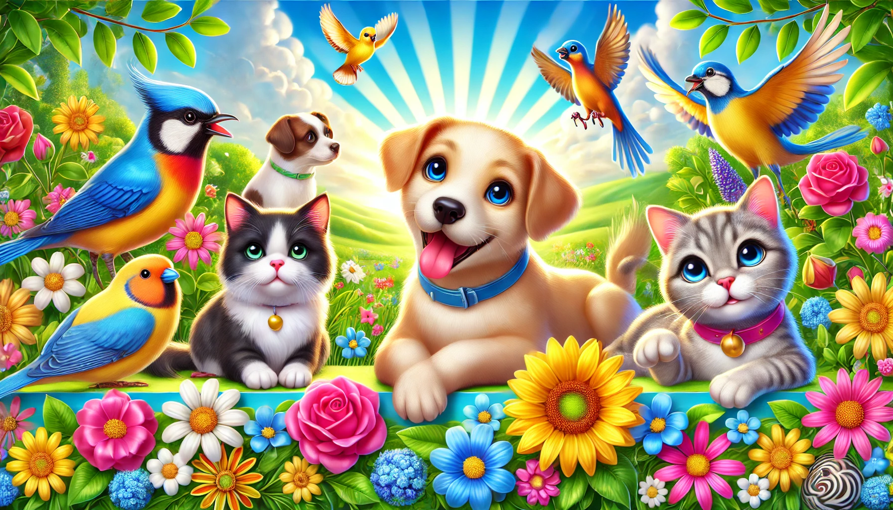 A colorful banner featuring dogs, cats, and birds